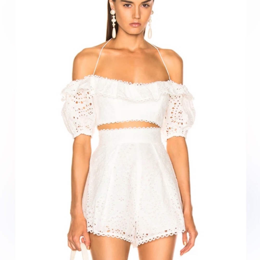 Zimmermann Cream Eyelet Off-Shoulder Top and shorts